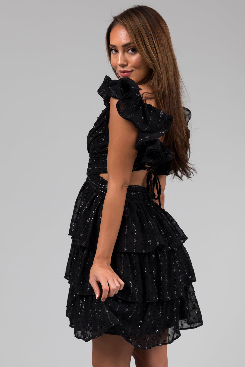 Women's Black Sleeveless Ruffle Open-Back Mini Dress