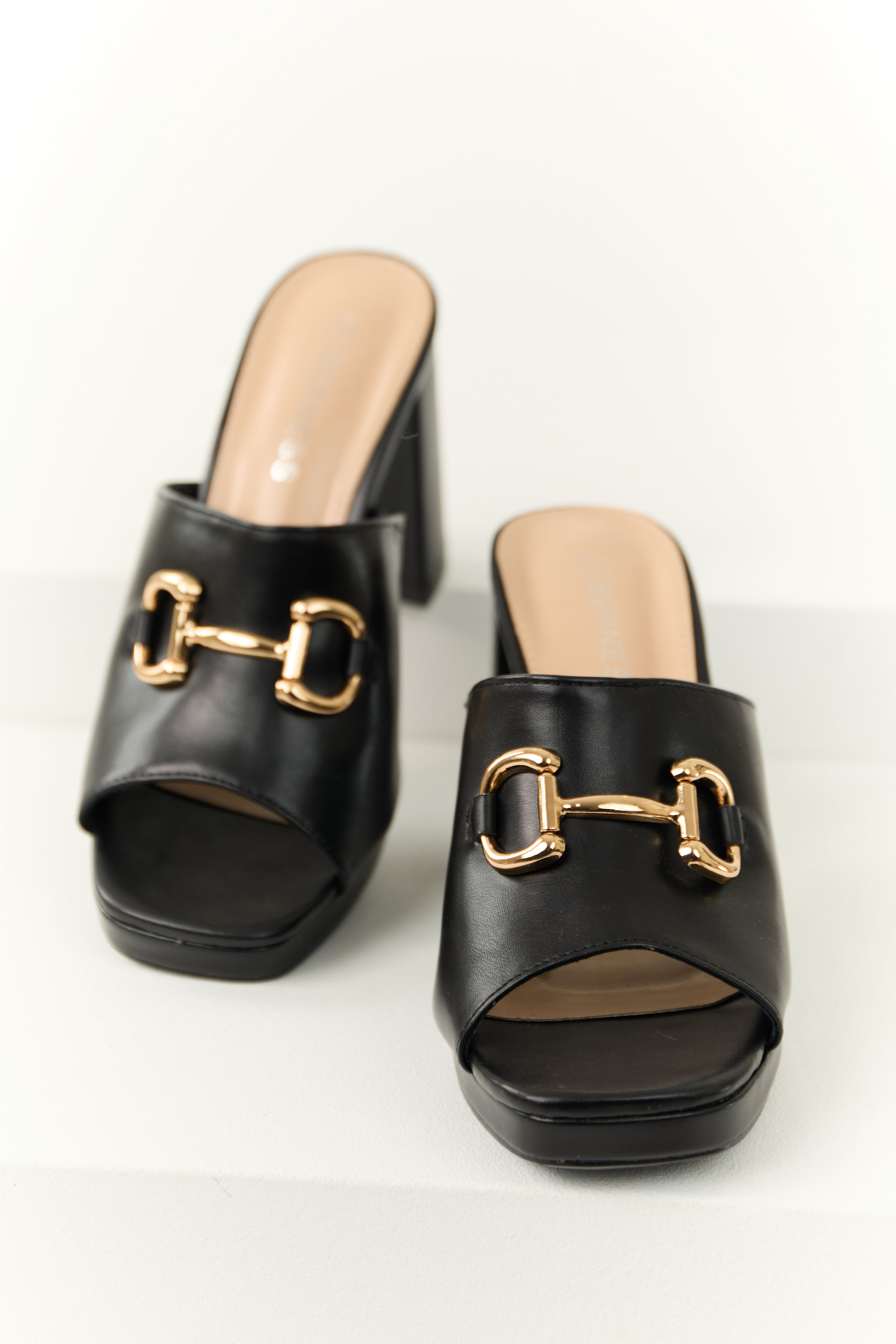 Women's Black Slip-On Block Heels with Gold Buckle Strap