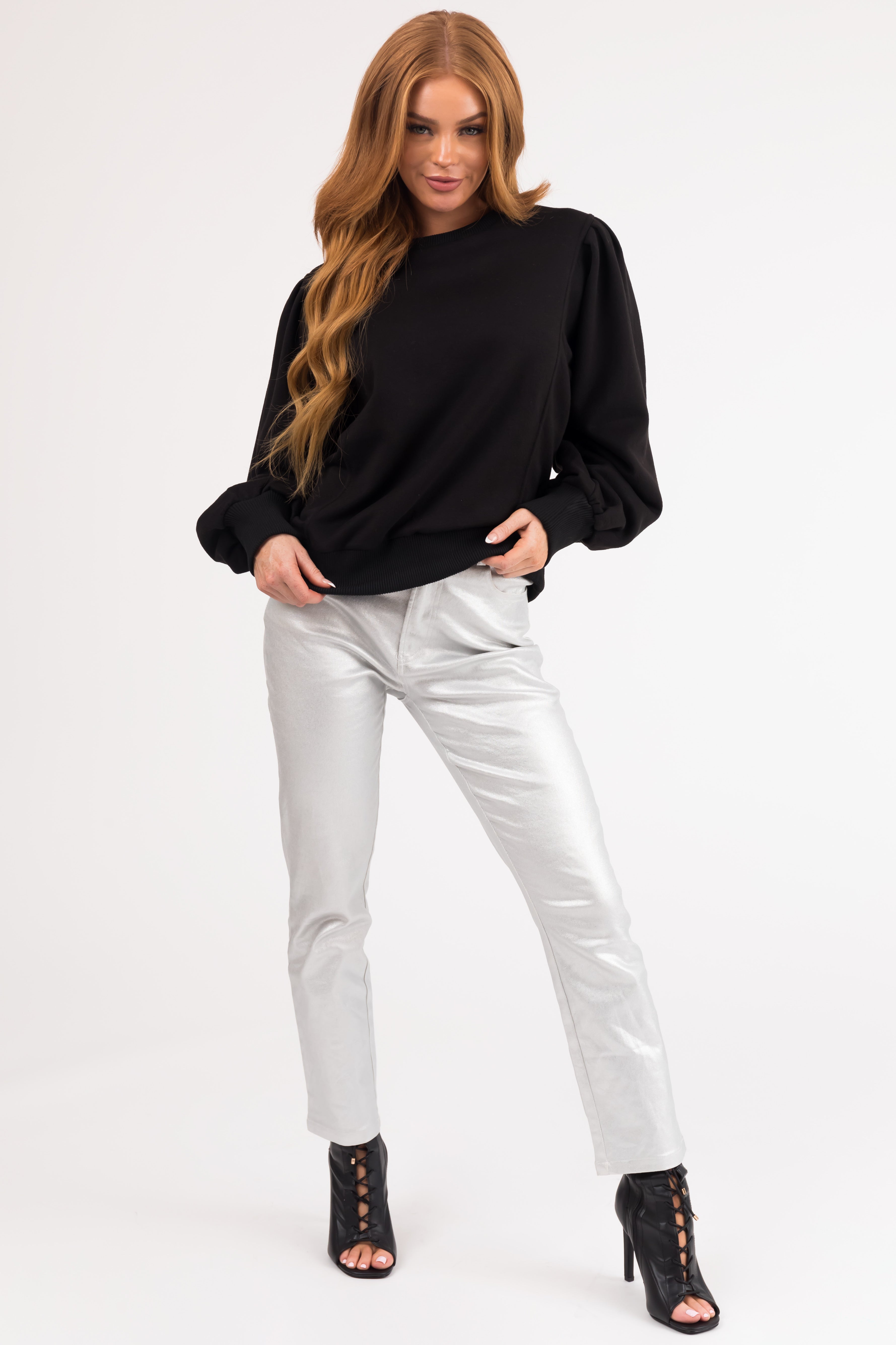 Women's Black Balloon-Sleeve Pullover Sweater