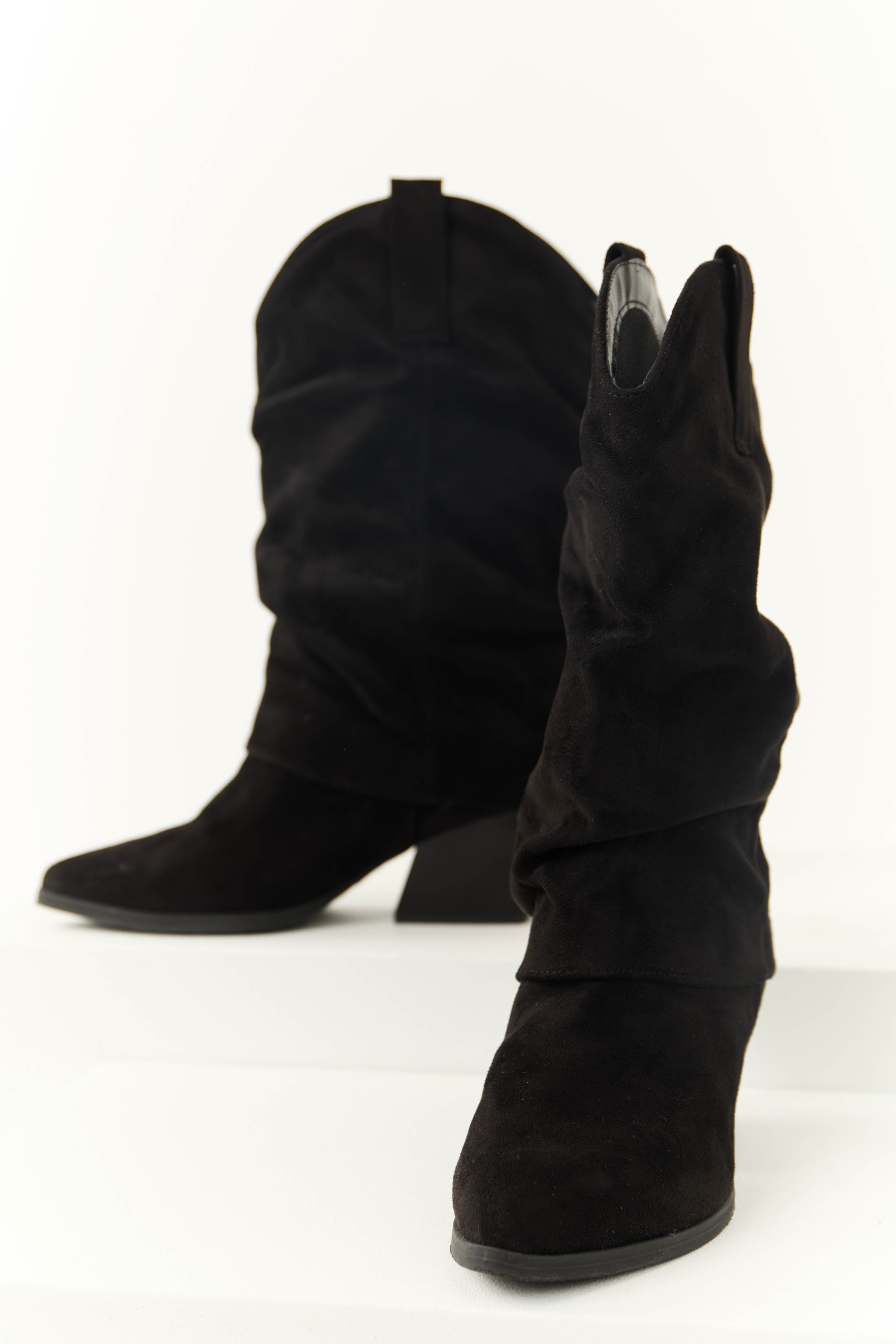 Women's Black Slouchy Mid-Calf Pointed-Toe Boots