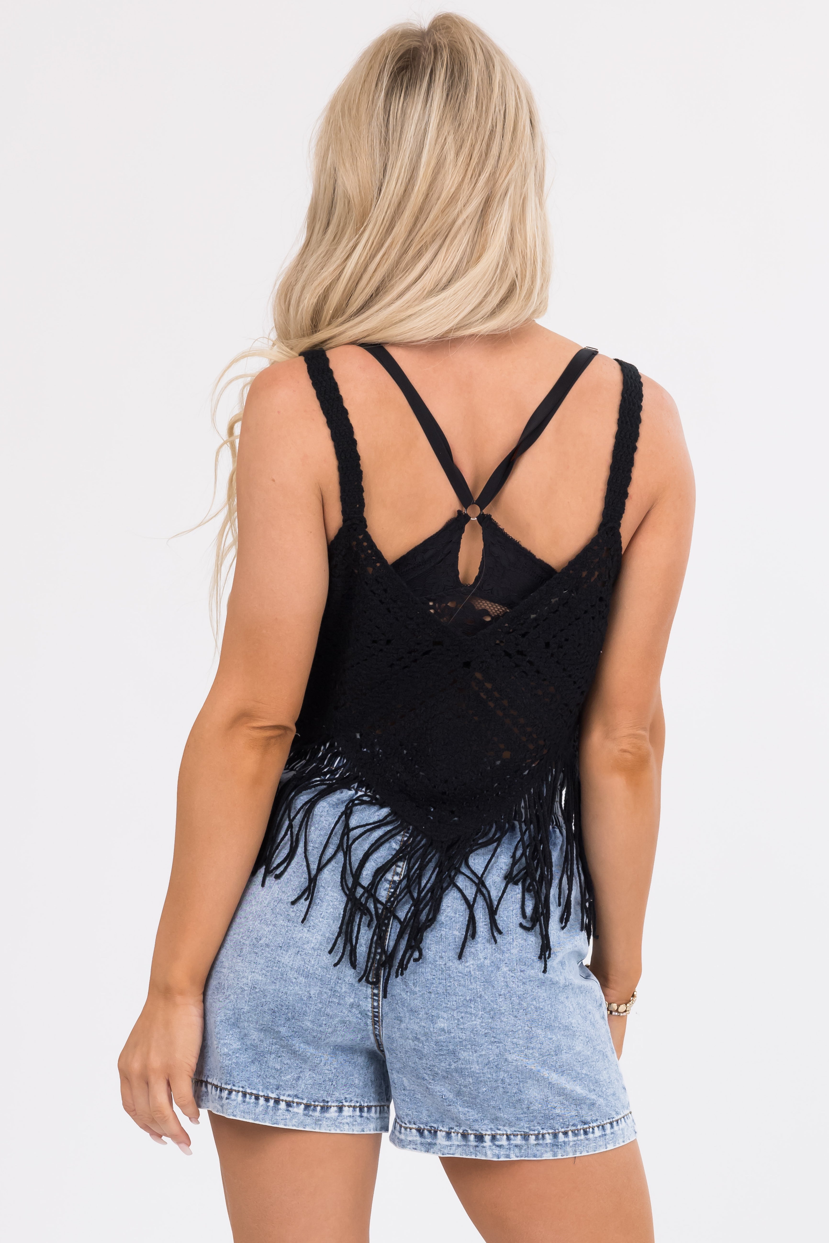 Women's Black Crochet Fringe Tank Top