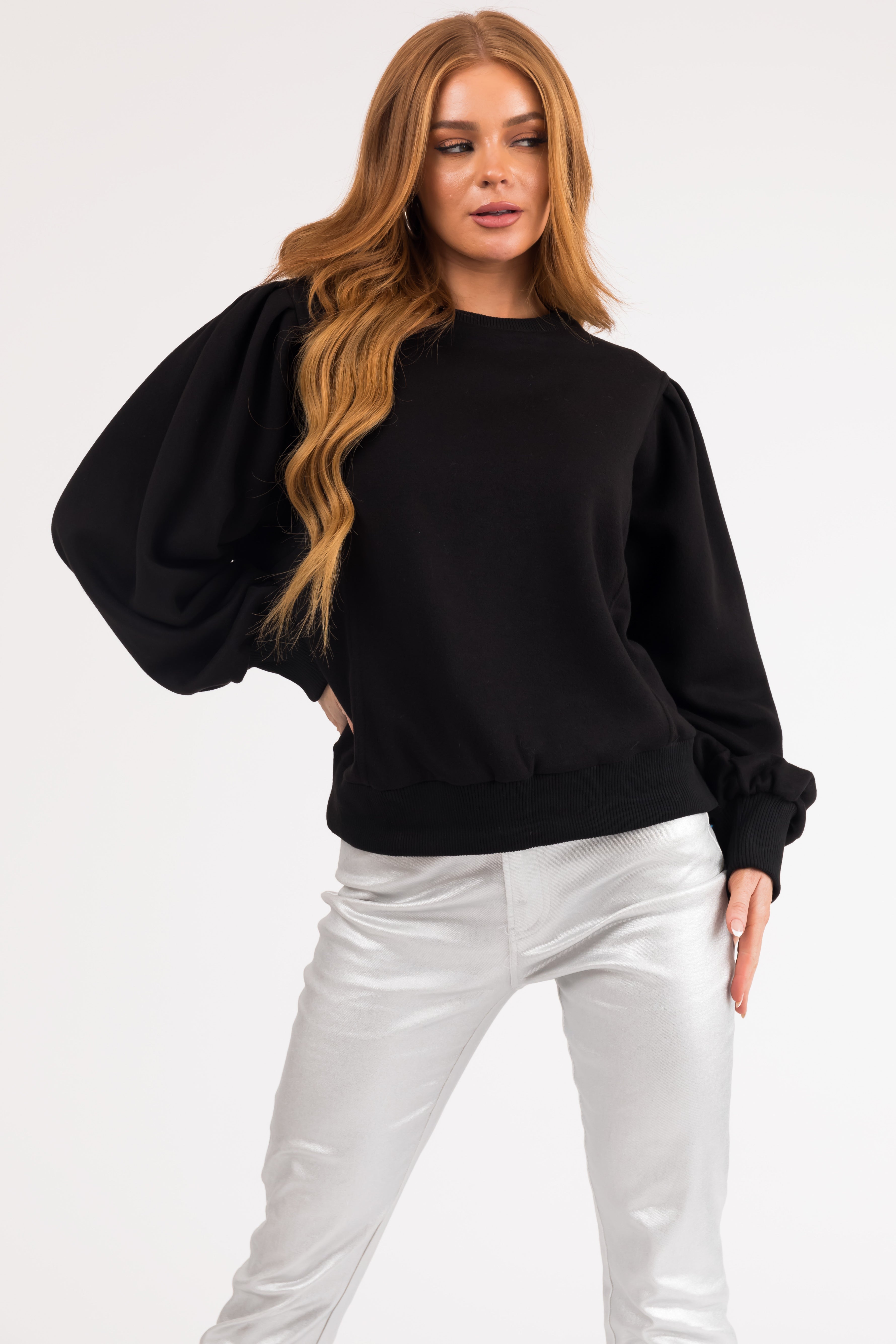 Women's Black Balloon-Sleeve Pullover Sweater