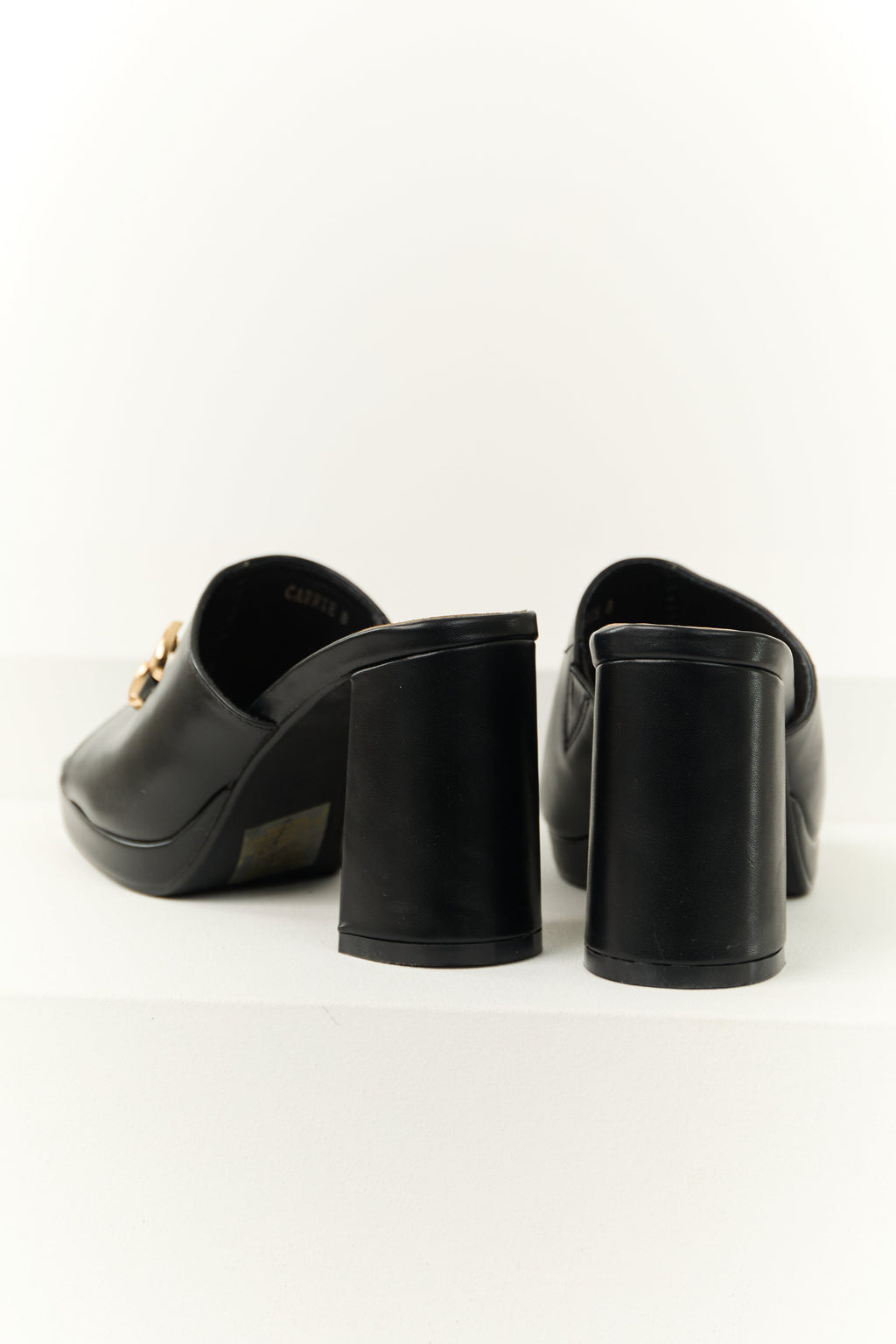 Women's Black Slip-On Block Heels with Gold Buckle Strap