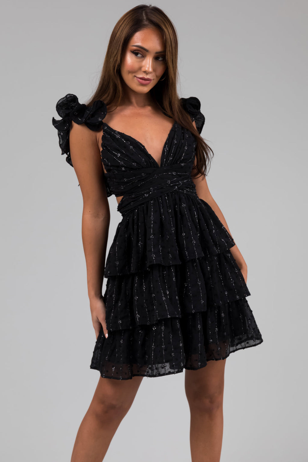 Women's Black Sleeveless Ruffle Open-Back Mini Dress