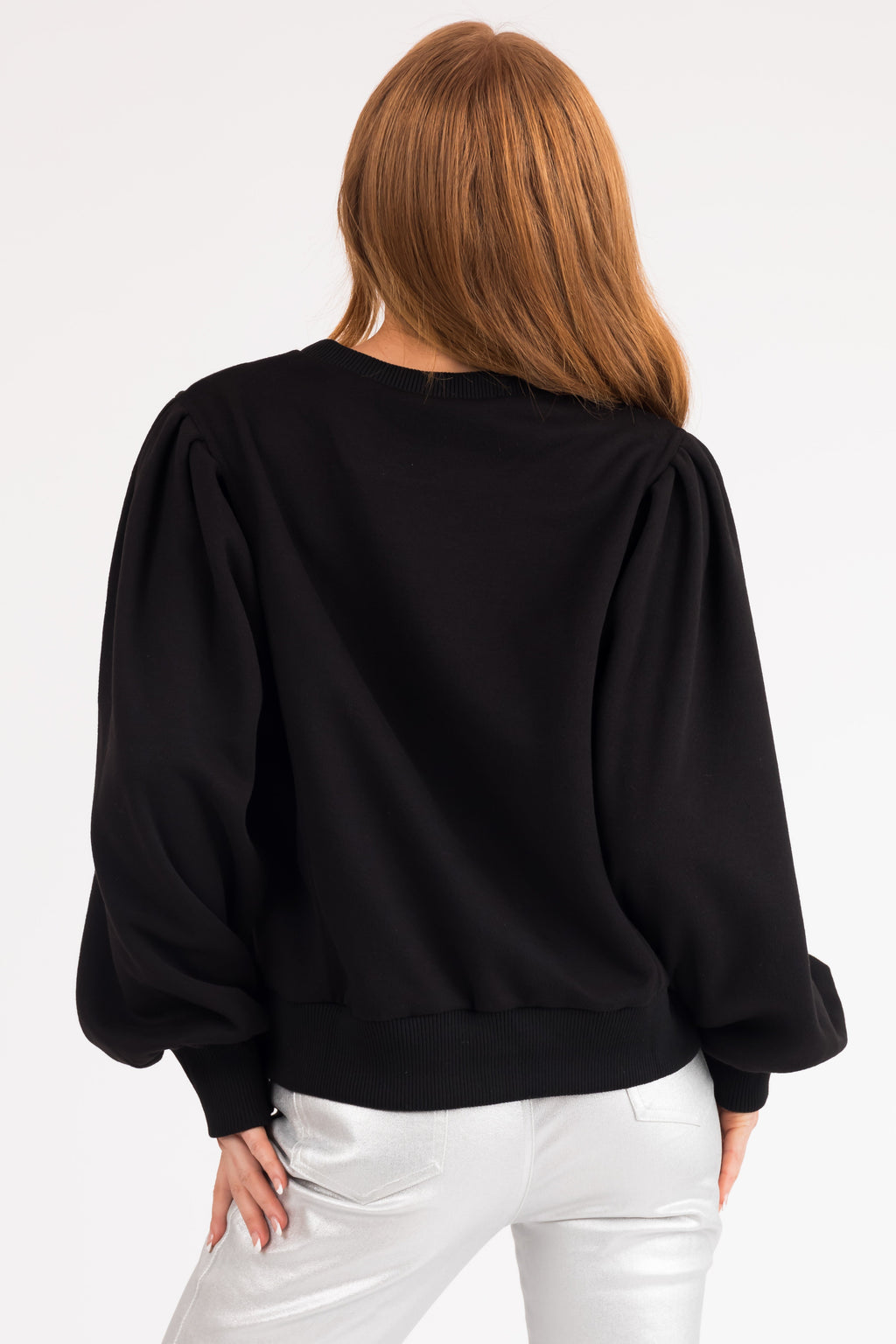 Women's Black Balloon-Sleeve Pullover Sweater