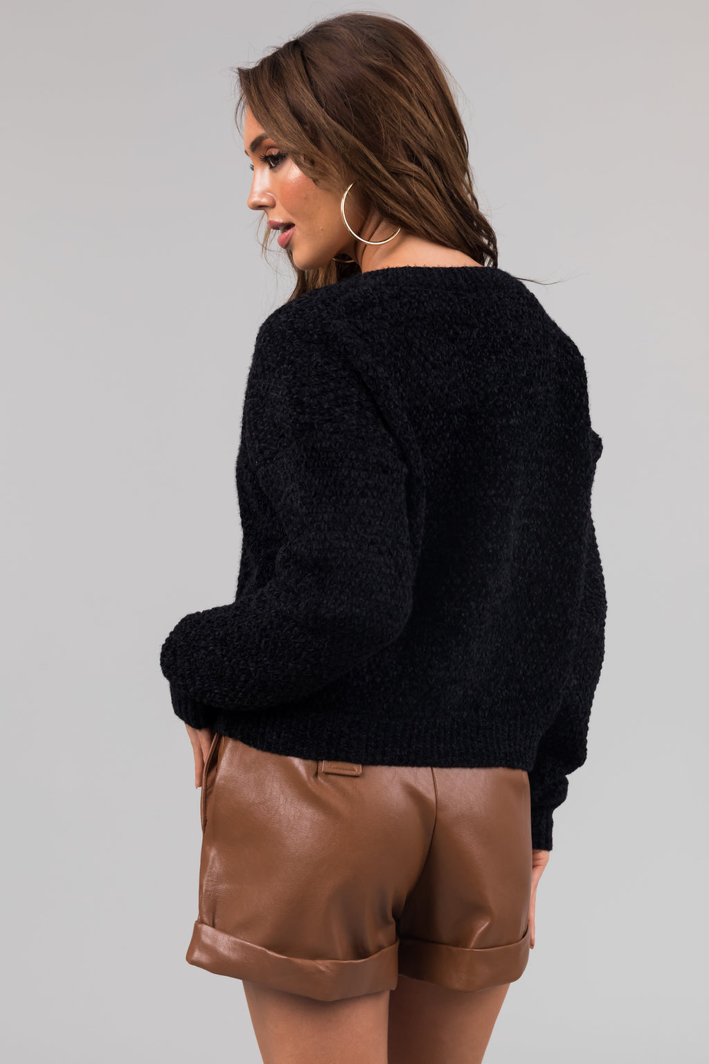 Women's Black Chenille V-Neck Sweater