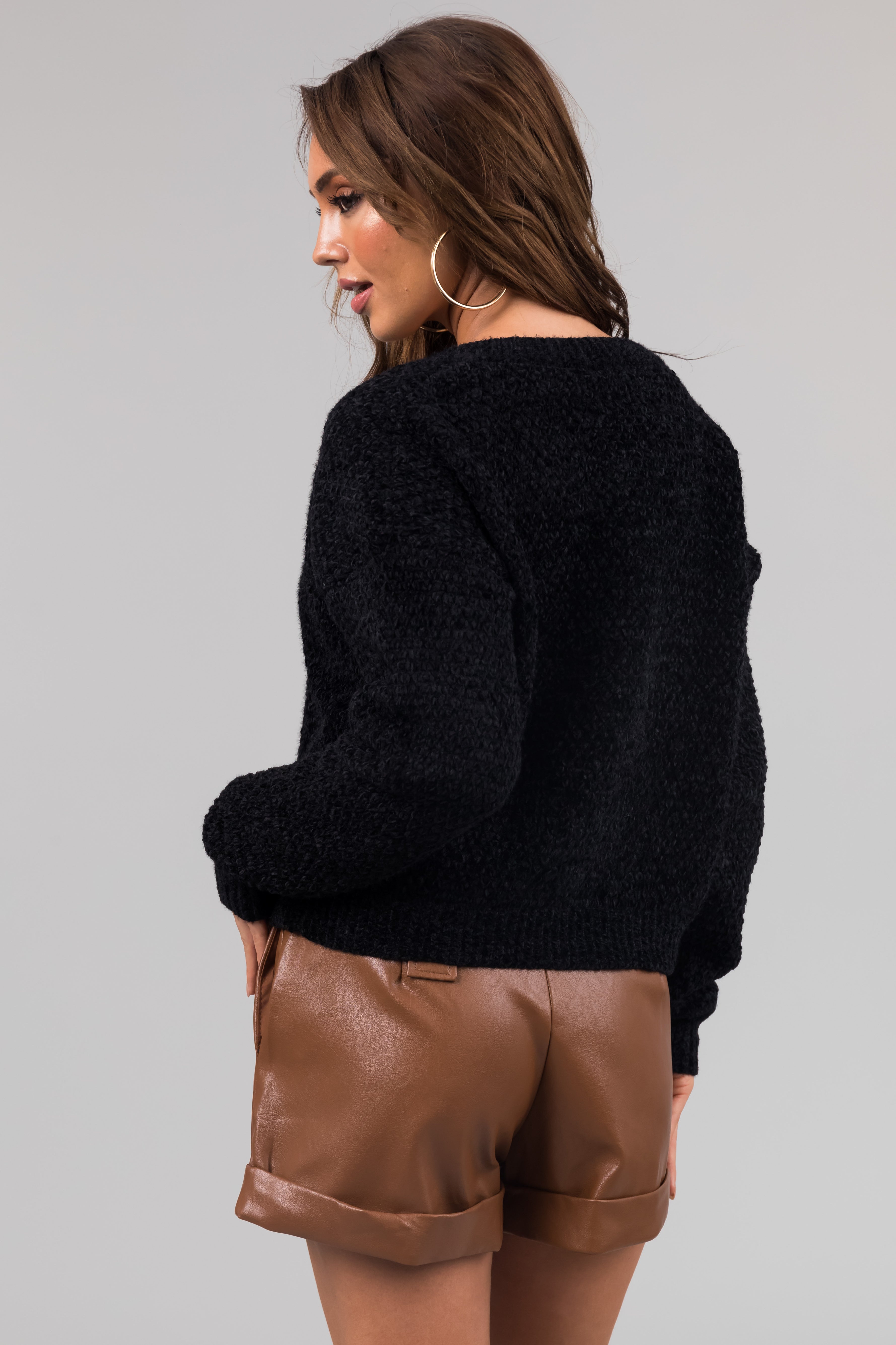 Women's Black Chenille V-Neck Sweater