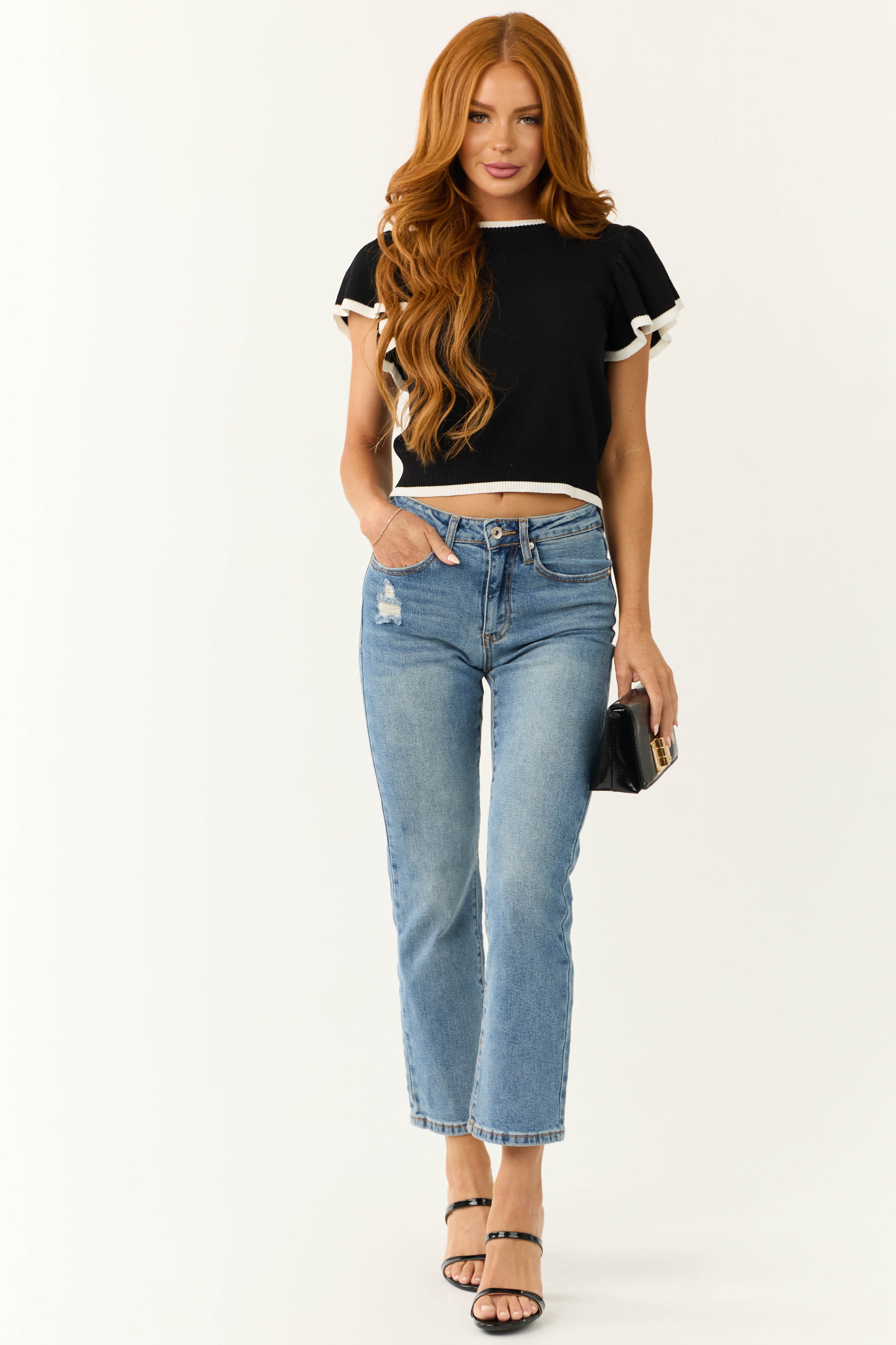 Women's Black Contrast Ruffle Short-Sleeve Sweater