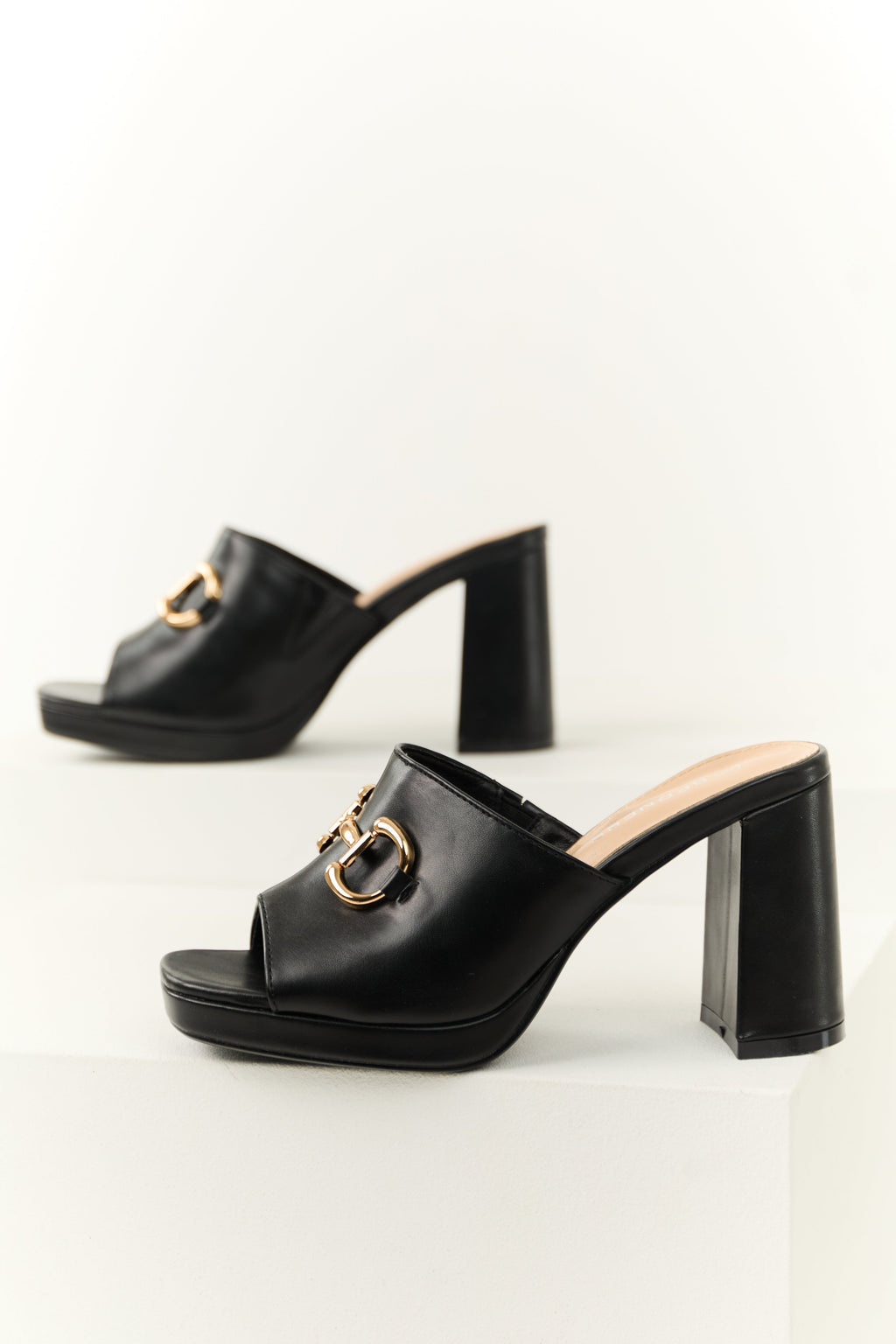 Women's Black Slip-On Block Heels with Gold Buckle Strap