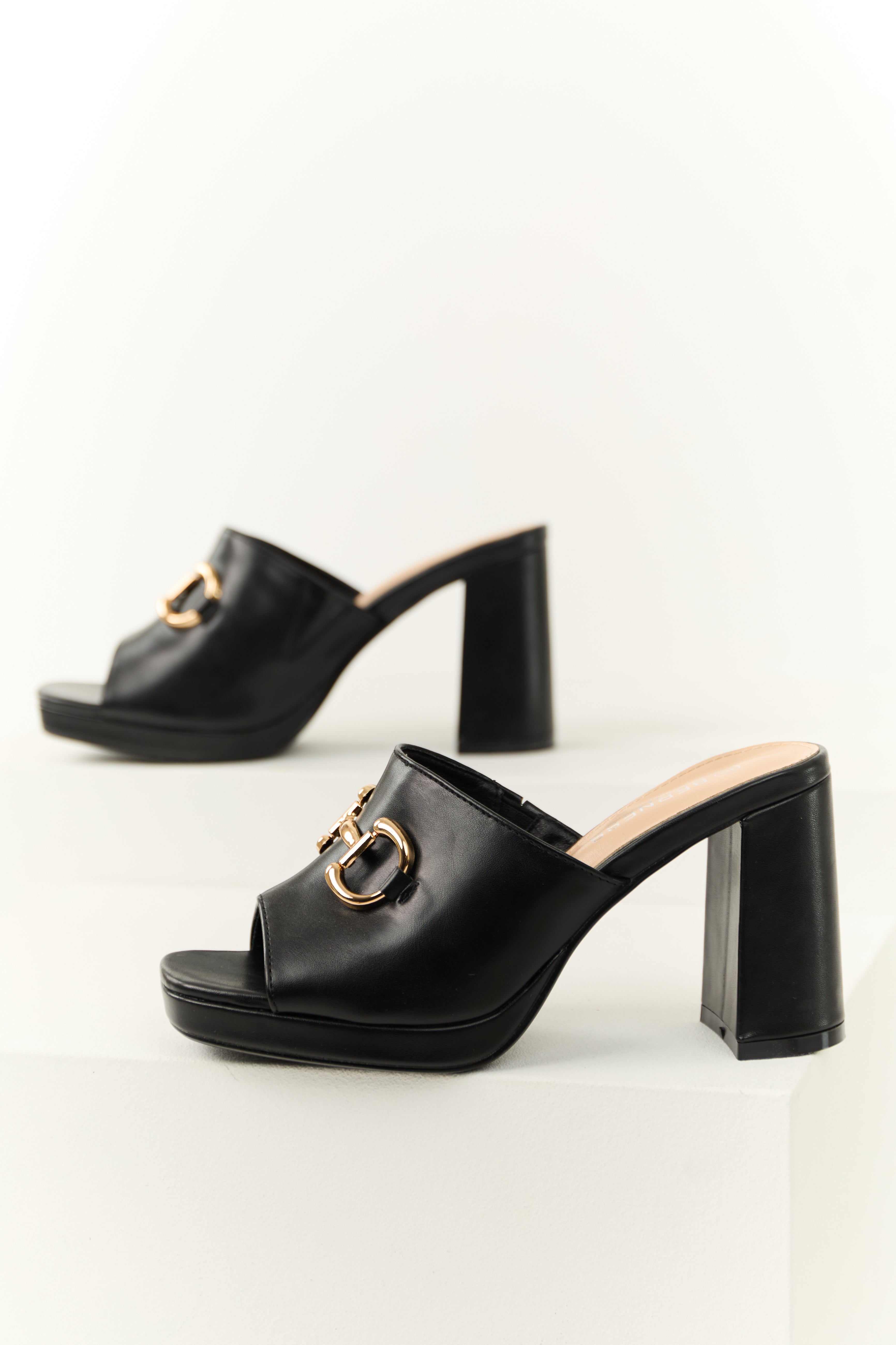 Women's Black Slip-On Block Heels with Gold Buckle Strap