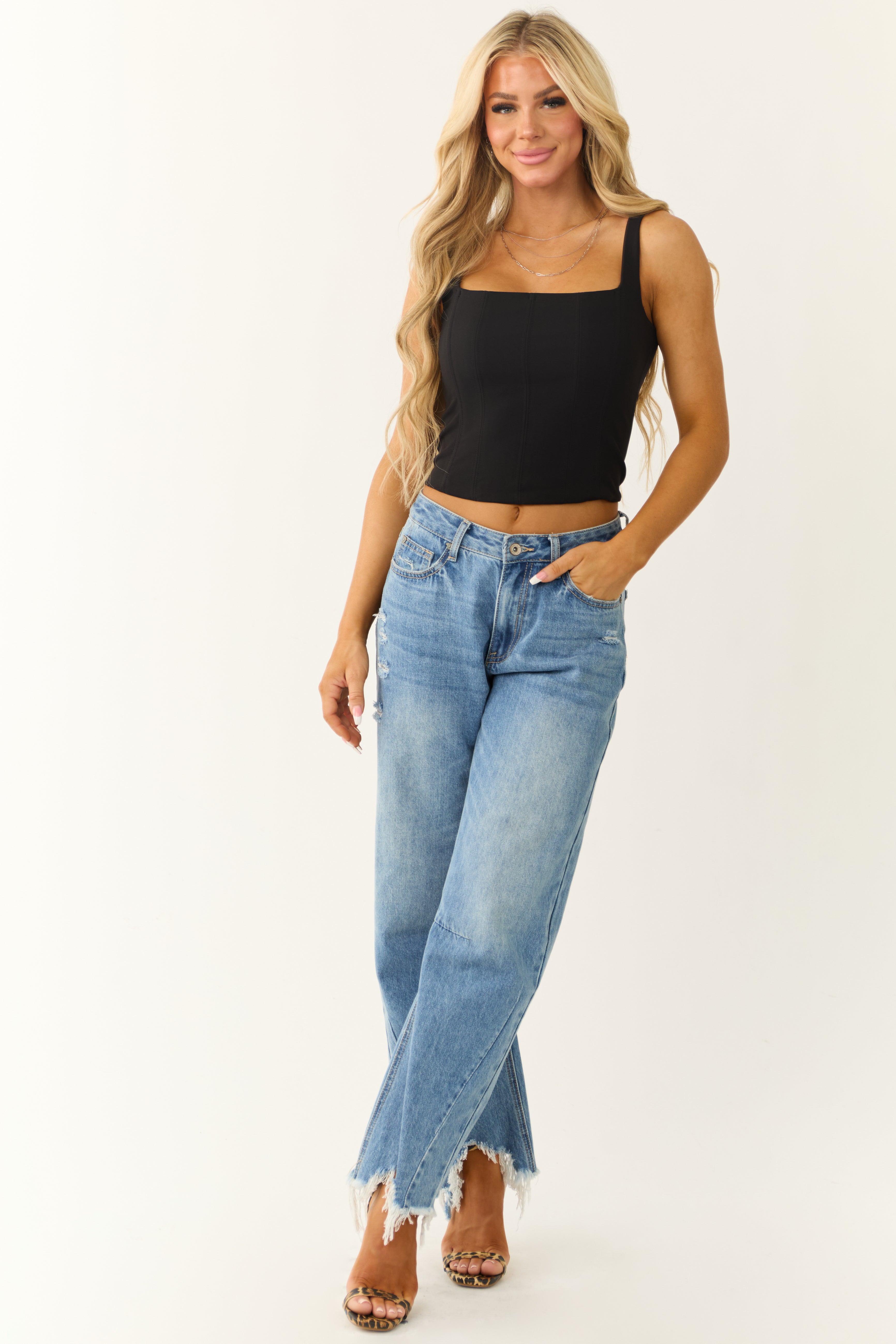 Women's Black Square-Neck Bustier Tank Top