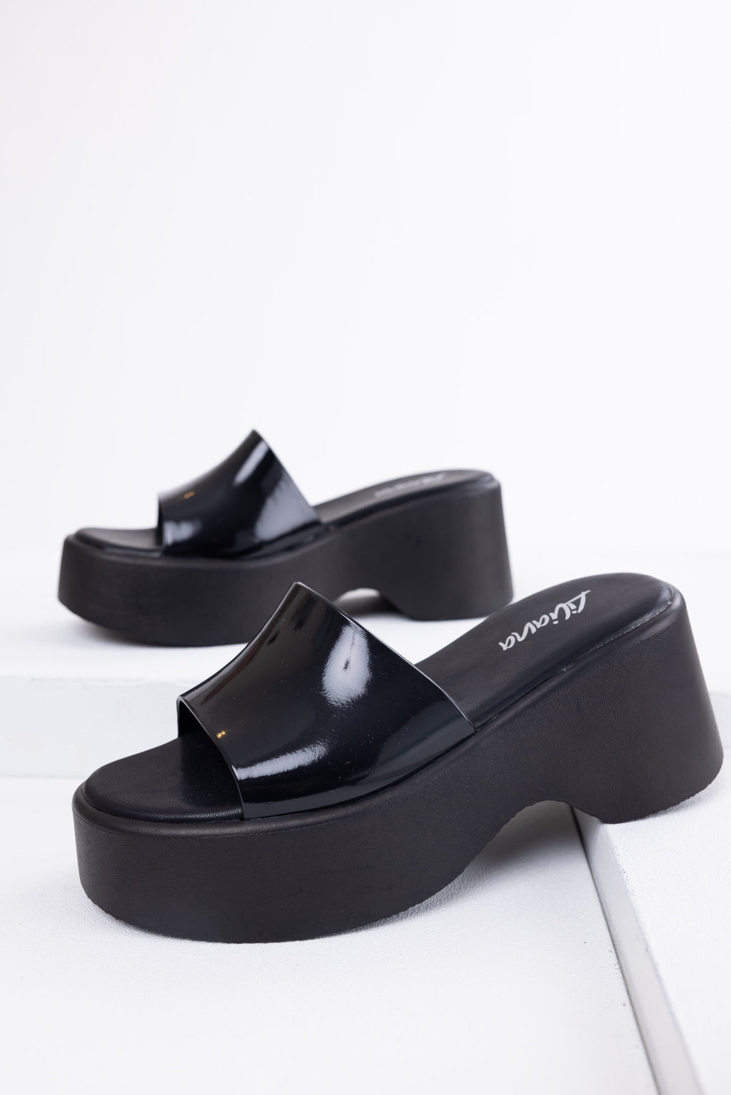 Women's Black Single-Band Platform Wedge Sandals