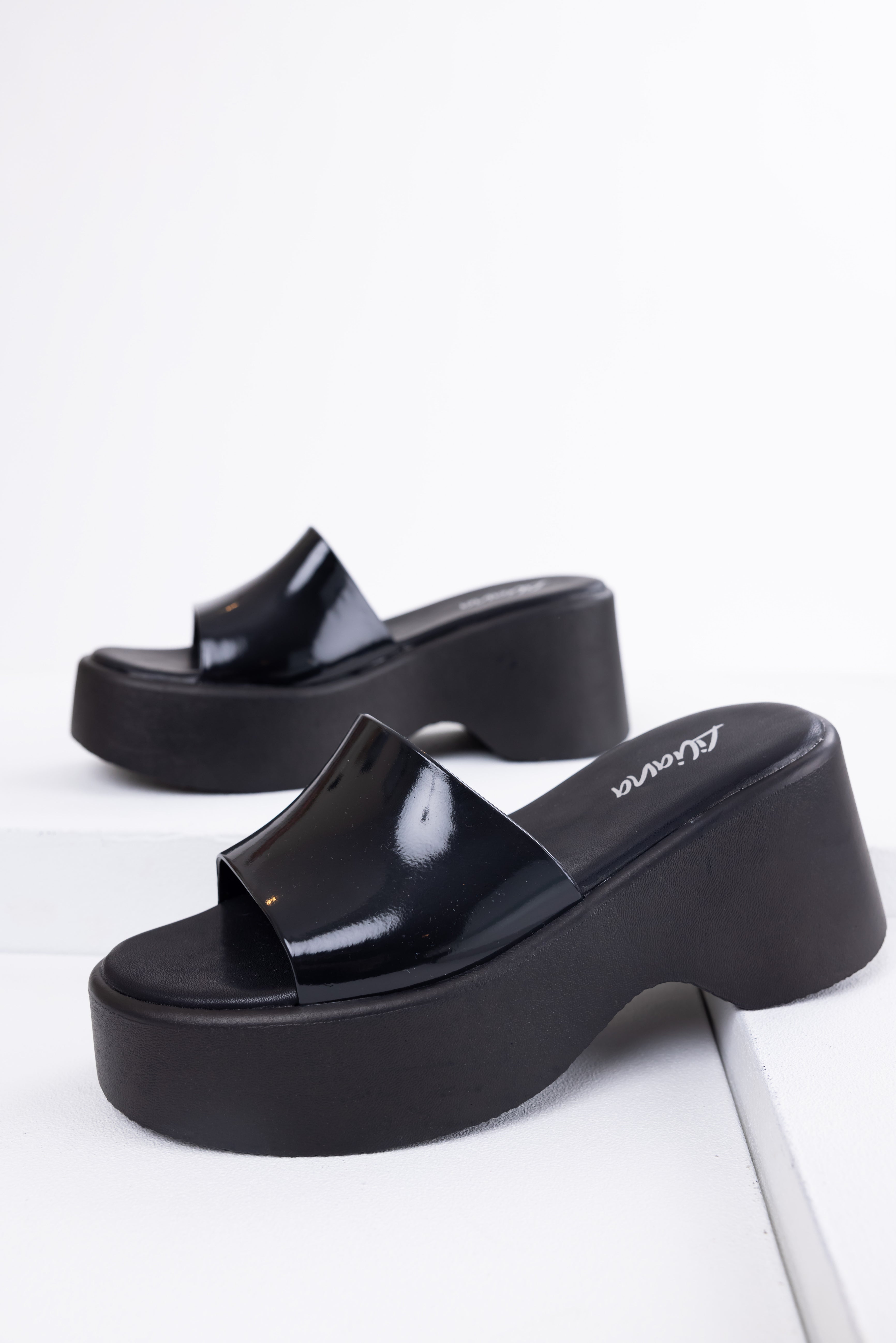 Women's Black Single-Band Platform Wedge Sandals
