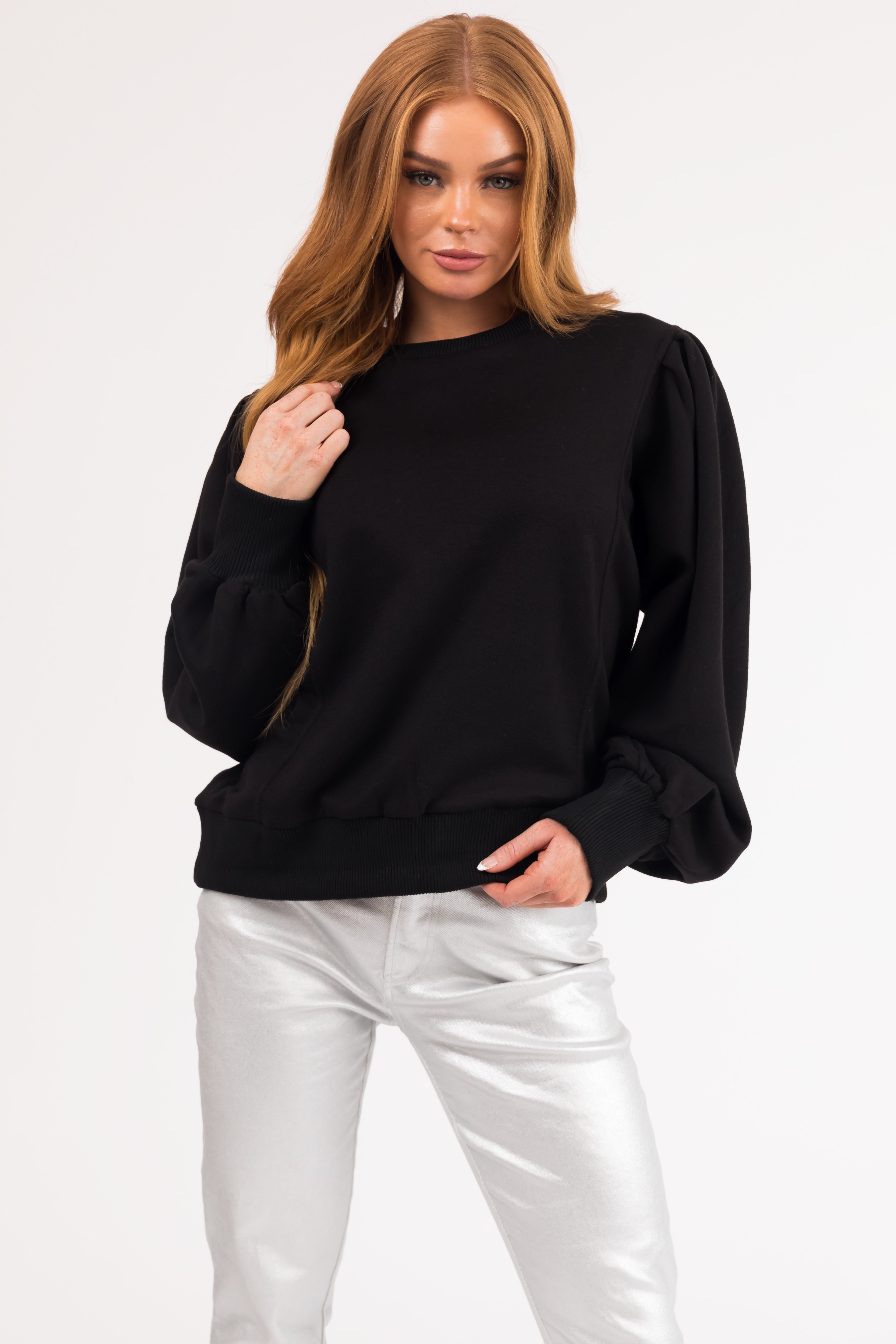 Women's Black Balloon-Sleeve Pullover Sweater