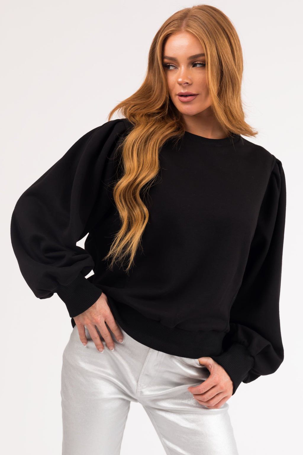 Women's Black Balloon-Sleeve Pullover Sweater