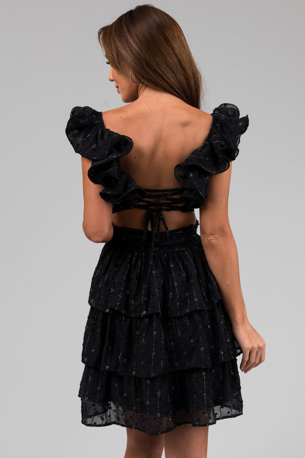 Women's Black Sleeveless Ruffle Open-Back Mini Dress