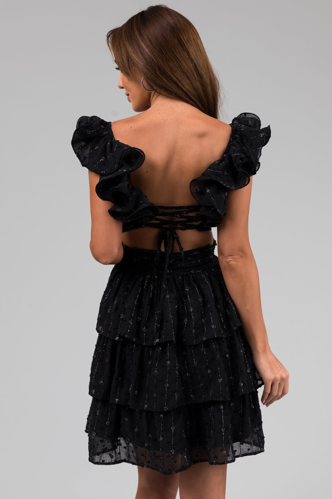 Women's Black Sleeveless Ruffle Open-Back Mini Dress
