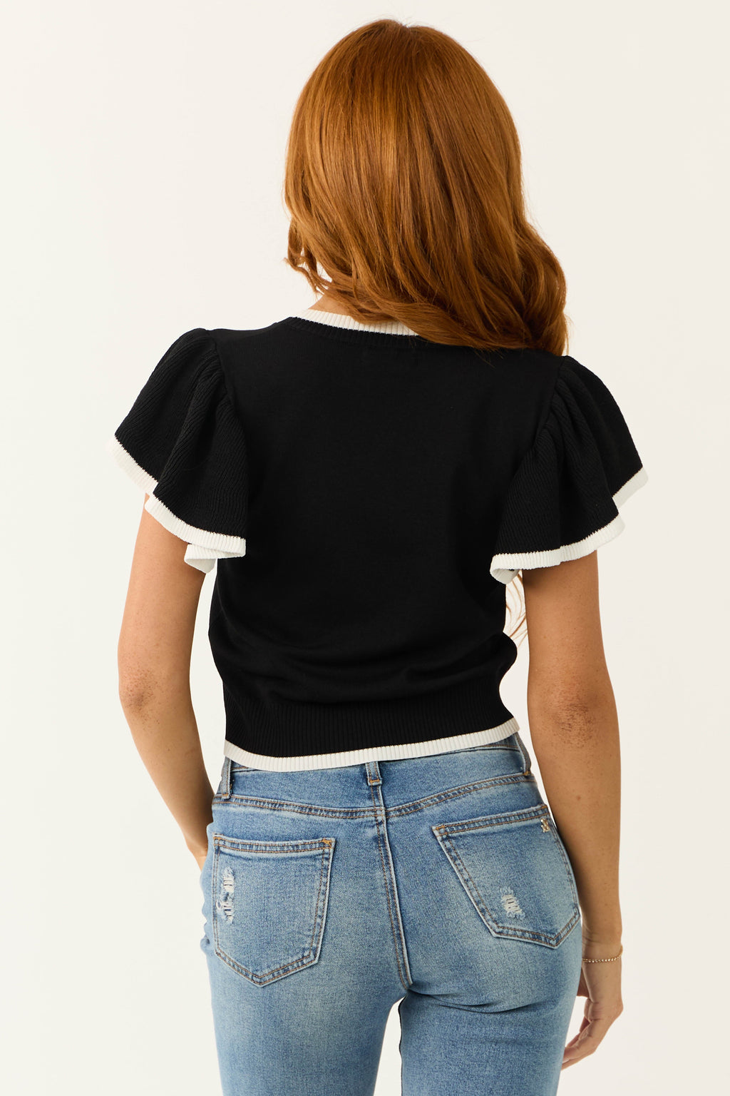 Women's Black Contrast Ruffle Short-Sleeve Sweater