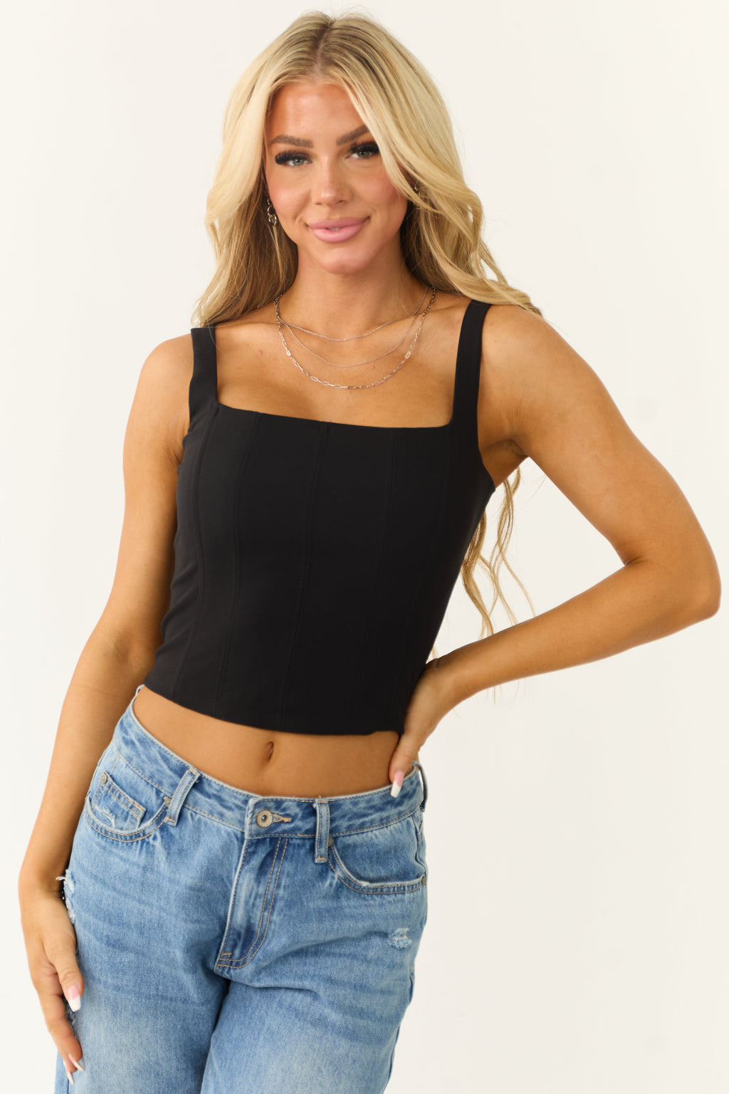 Women's Black Square-Neck Bustier Tank Top