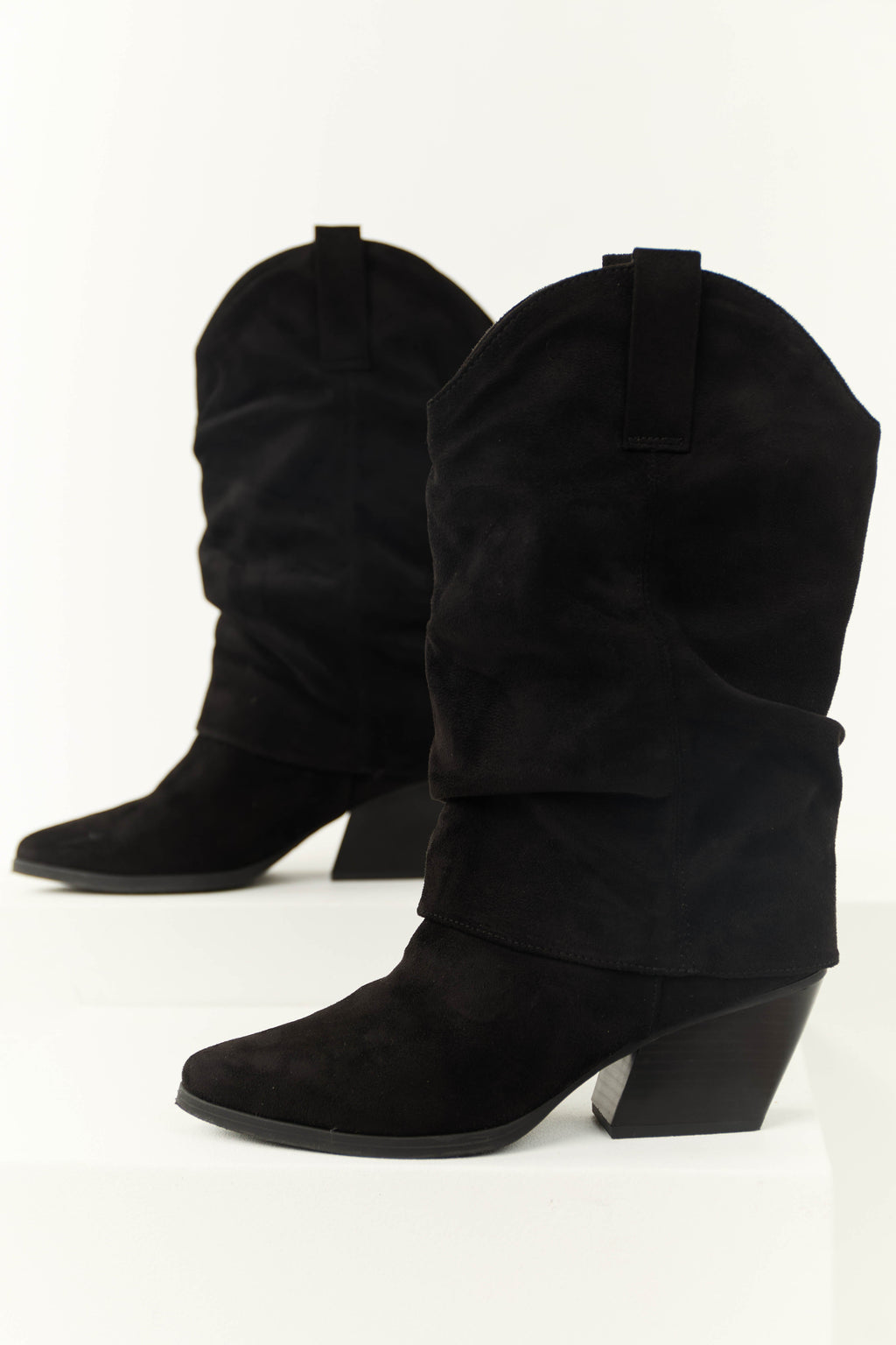 Women's Black Slouchy Mid-Calf Pointed-Toe Boots