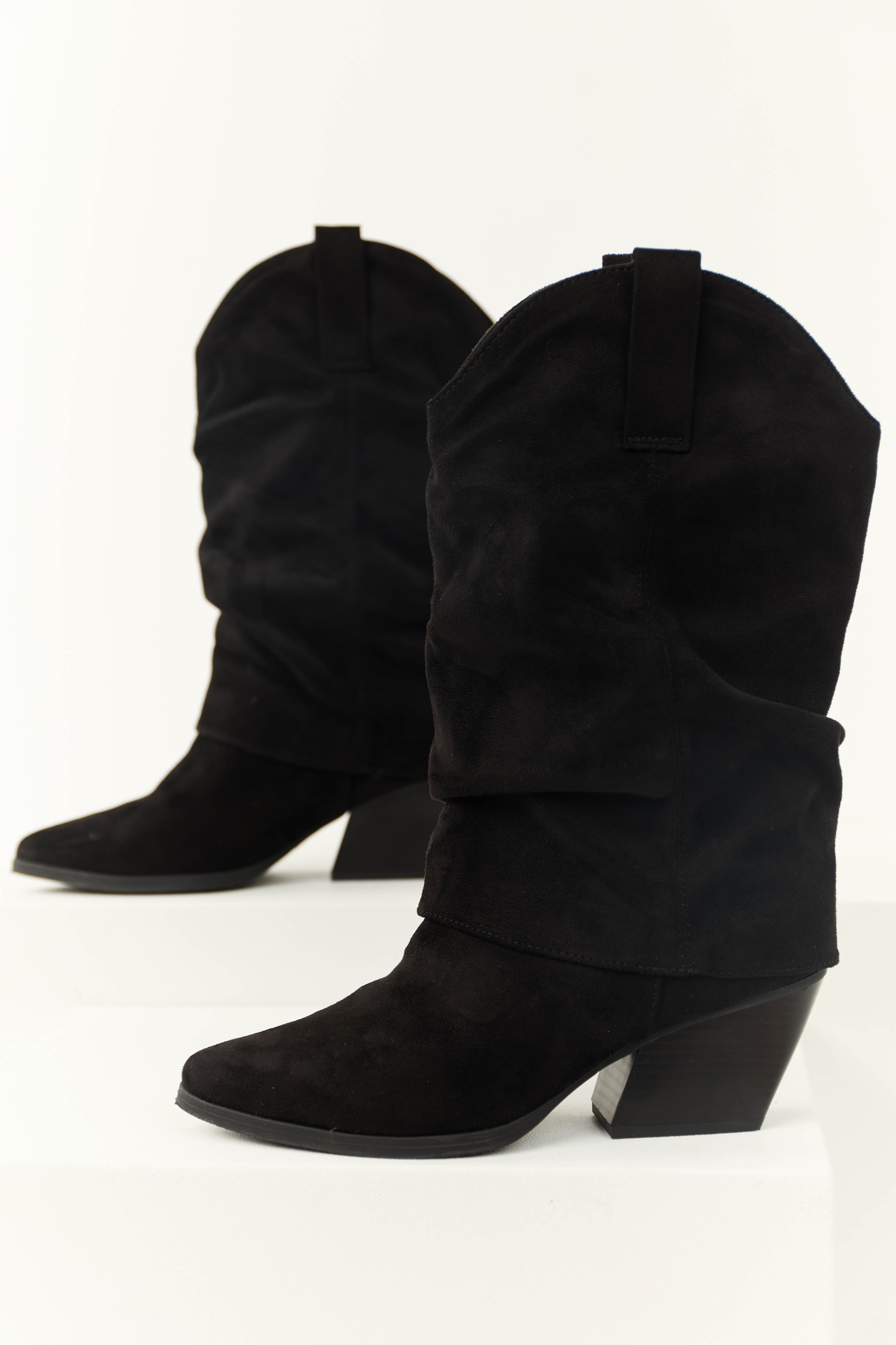 Women's Black Slouchy Mid-Calf Pointed-Toe Boots