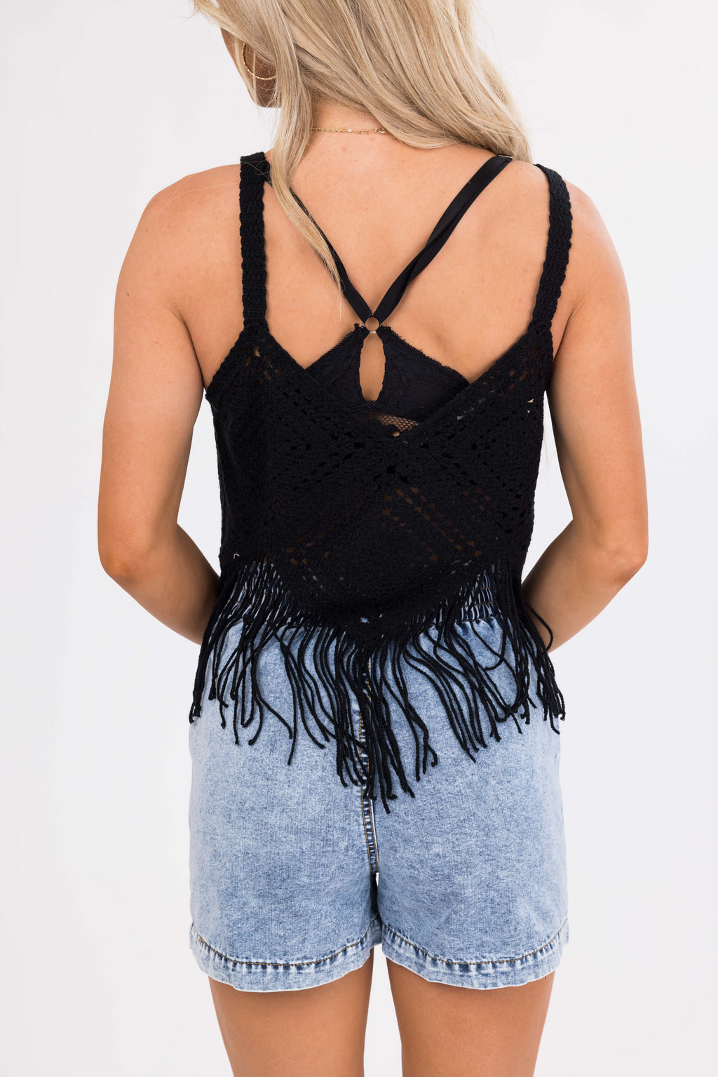 Women's Black Crochet Fringe Tank Top