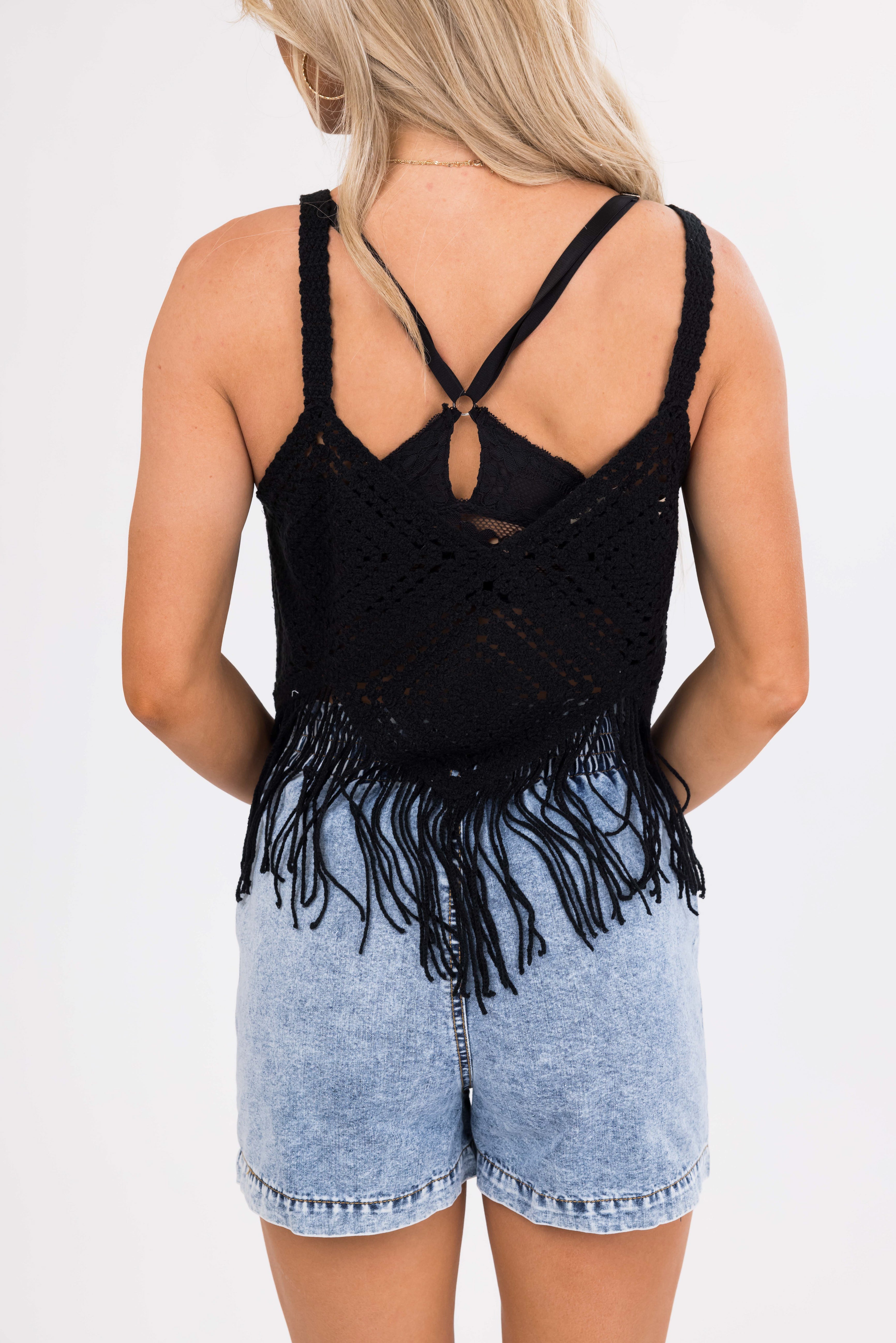 Women's Black Crochet Fringe Tank Top
