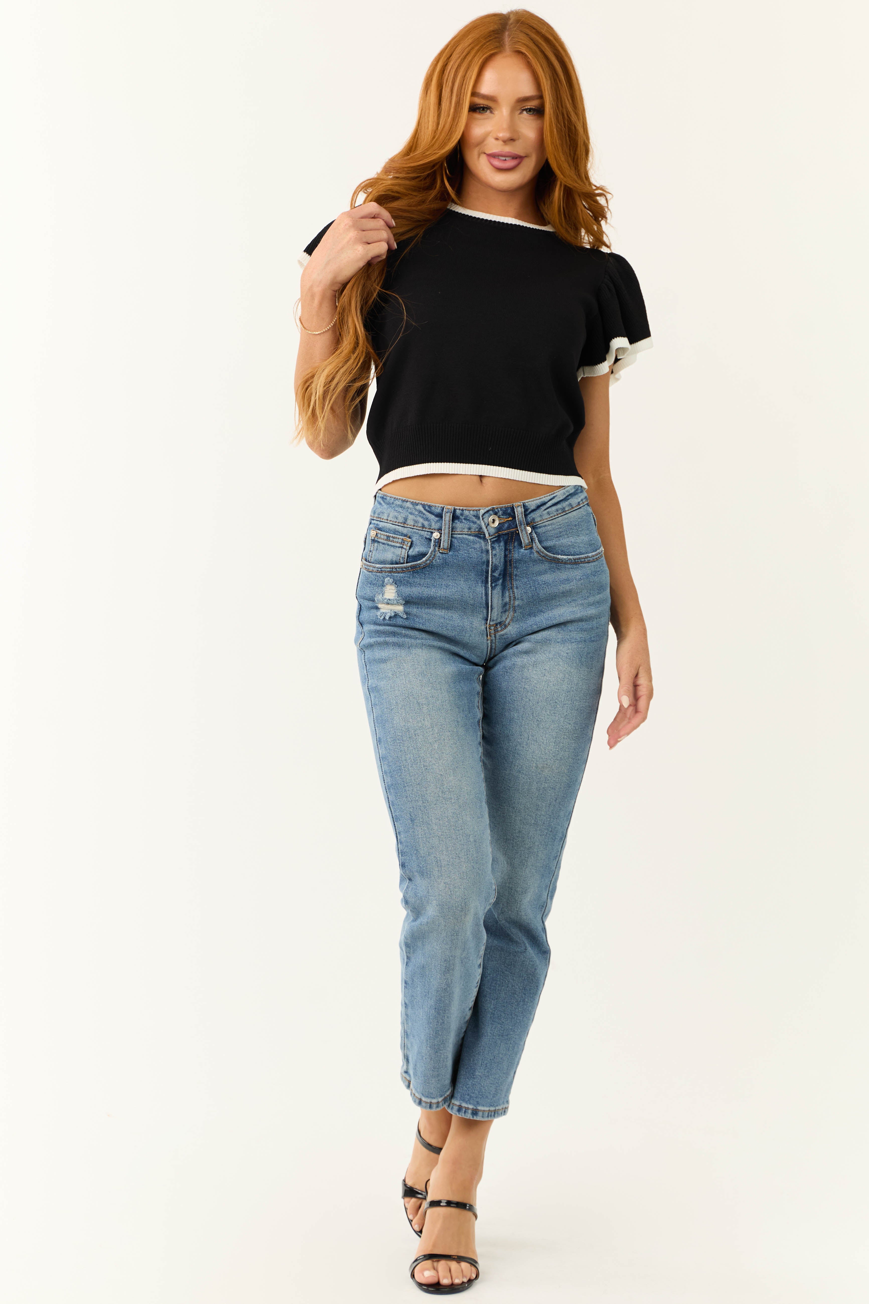 Women's Black Contrast Ruffle Short-Sleeve Sweater